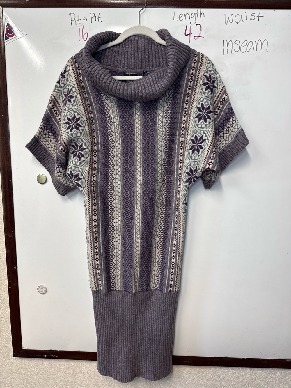 Y2K era Moda International Fair Isle Cowl Neck Short Sleeve Sweater Dress. Small